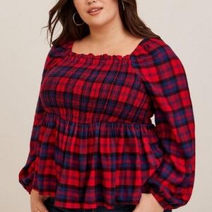 NWT Torrid size 0 red/navy plaid Smocked peplum top